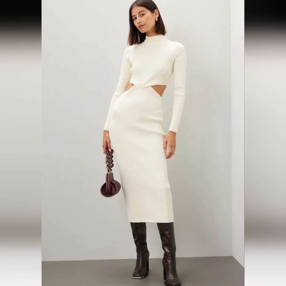 Ronny Kobo Cream Mock Neck Sweater Midi Dress Size XS